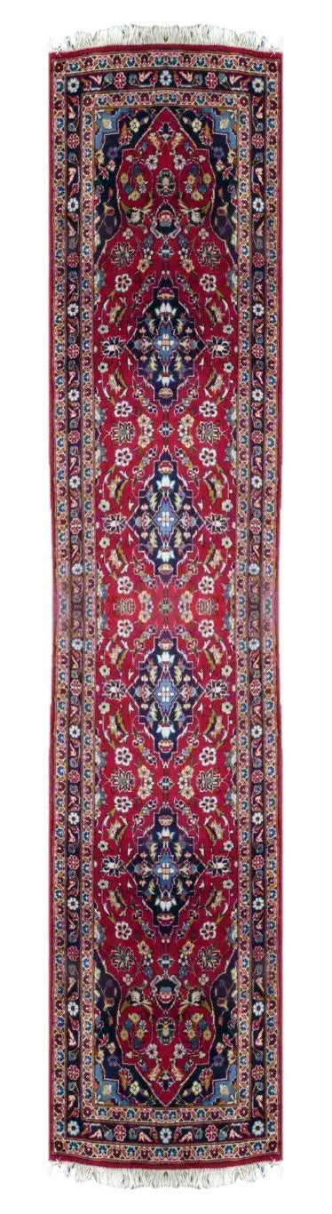Iranian Hand-Knotted Rug Made With Natural Wool & Cotton Color Red 10'1" X 2'3" Pan0